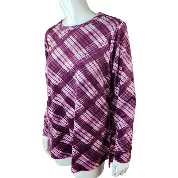 Denim & Co. Printed Velour Pullover Hi-Low Hem Deep Wine Plaid Petite Small NWOT - Picture 4 of 14